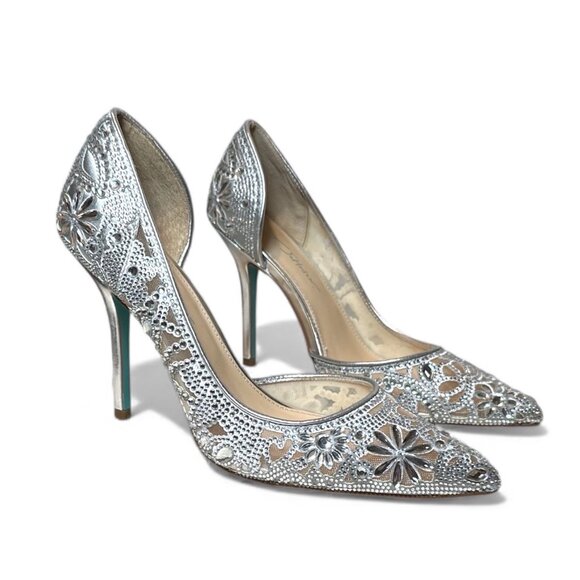 Betsey Johnson Embellished SB-Chic Silver Rhinestone D'Orsay Pumps Heels Size 10 - Picture 3 of 15